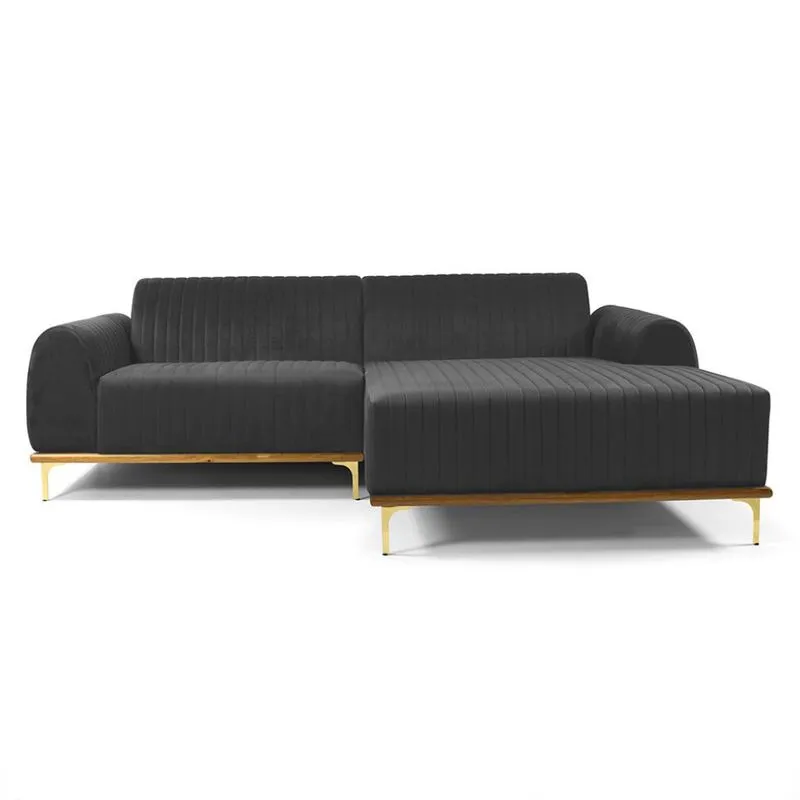 Sofá 3 Lugares Molino com Chaise Direito Veludo Cinza e Dourado