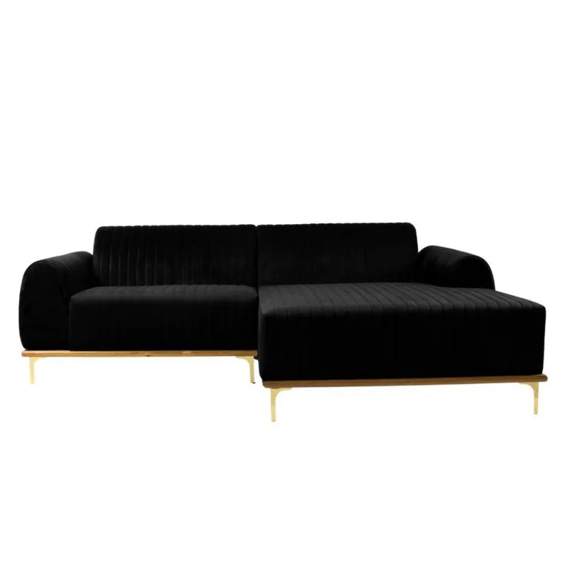 Sofá 3 Lugares Molino com Chaise Direito Veludo Grafite e Dourado
