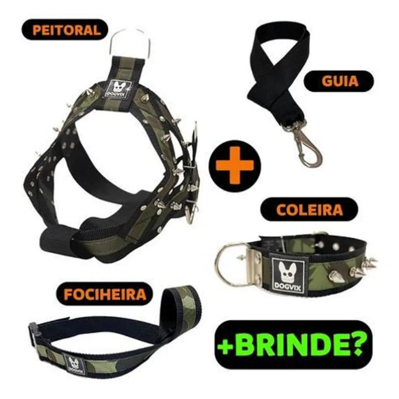 Kit Coleira Peitoral Guia Focinheira Para Cachorro +