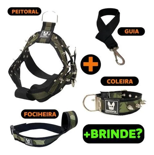 Kit Coleira Peitoral Guia Focinheira Para Cachorro +