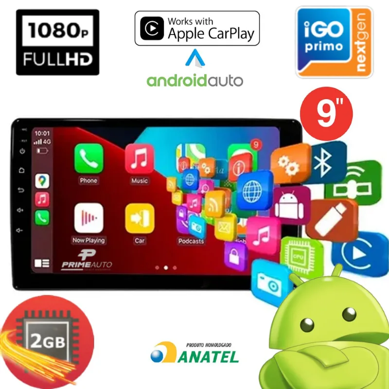 Central Multimídia Android 9 Polegadas 2GB ram 32GB Memória CarPlay Knup KP-RA910
