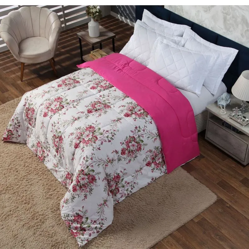 Edredom Casal Queen Dupla Face Estampado/ Liso 190 Fios Macio