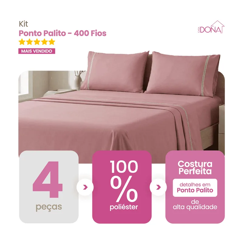 Kit 2 Jogos De Lençol Casal/King 4 Peças 400 Fios Ponto Palito Toque Macio Premium Casa Dona