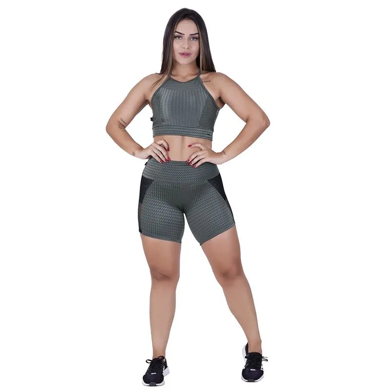 Short Meia Coxa Fitness Feminino Detalhe Tela Cirrê Textura Orbis