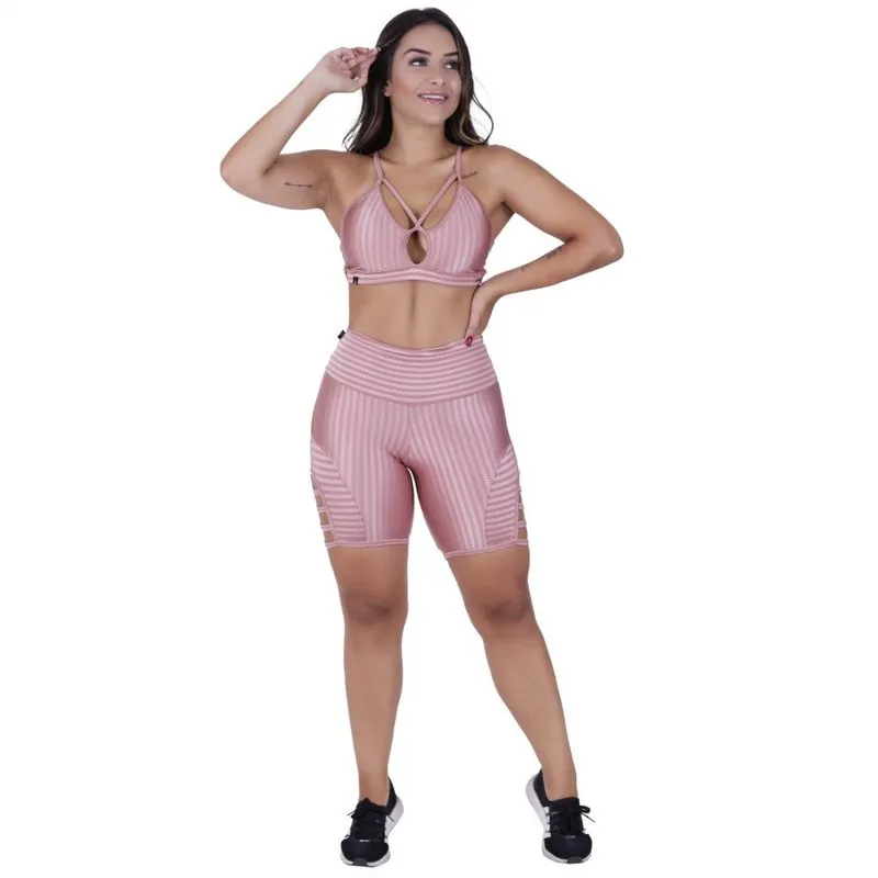 Bermuda Meia Coxa Fitness Feminina Cirre 3D Detalhe Tiras Cós Alto Orbis