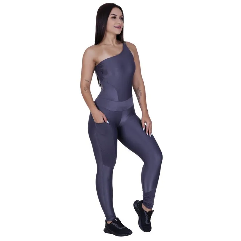 Macacão Fitness Feminino Um Ombro Brilho Wonder Bojo Bolso Orbis