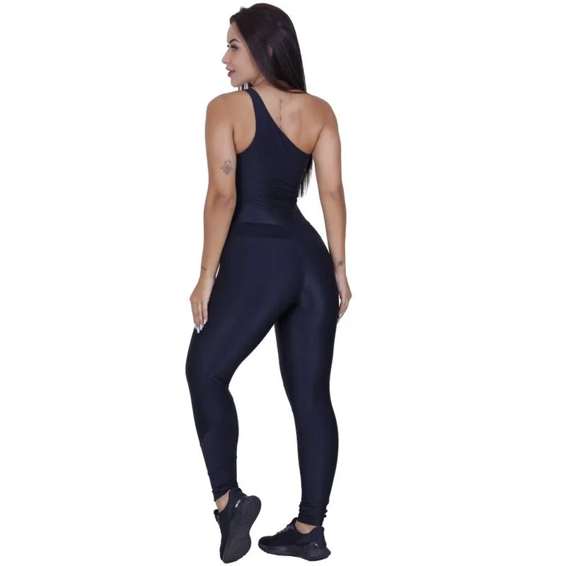 Macacão Fitness Feminino Um Ombro Brilho Wonder Bojo Bolso Orbis