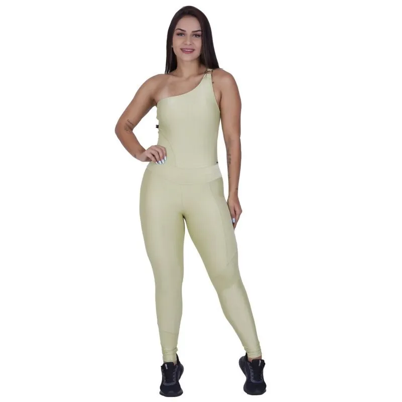 Macacão Fitness Feminino Um Ombro Brilho Wonder Bojo Bolso Orbis