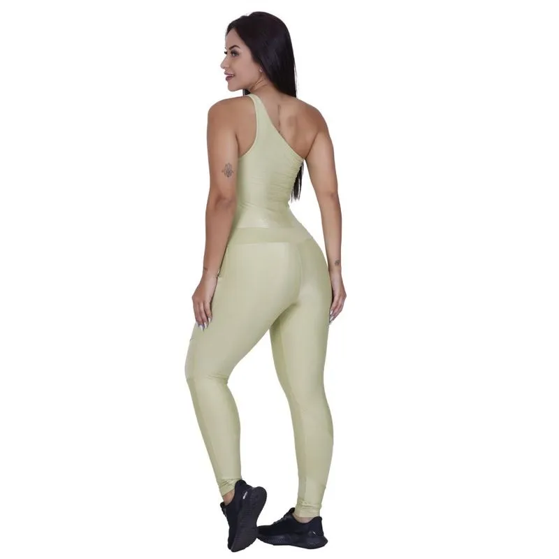 Macacão Fitness Feminino Um Ombro Brilho Wonder Bojo Bolso Orbis