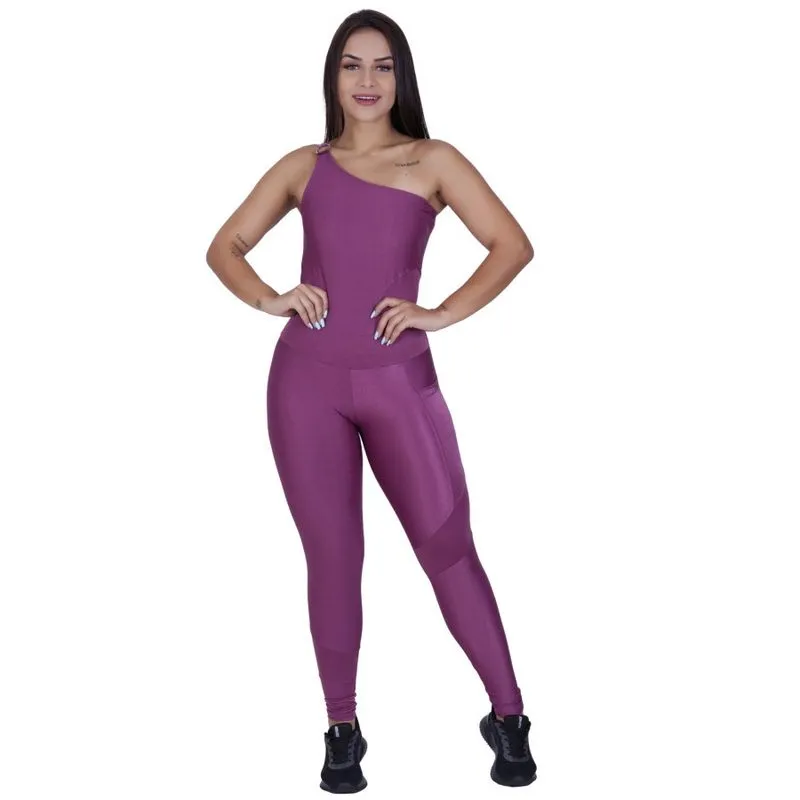 Macacão Fitness Feminino Um Ombro Brilho Wonder Bojo Bolso Orbis