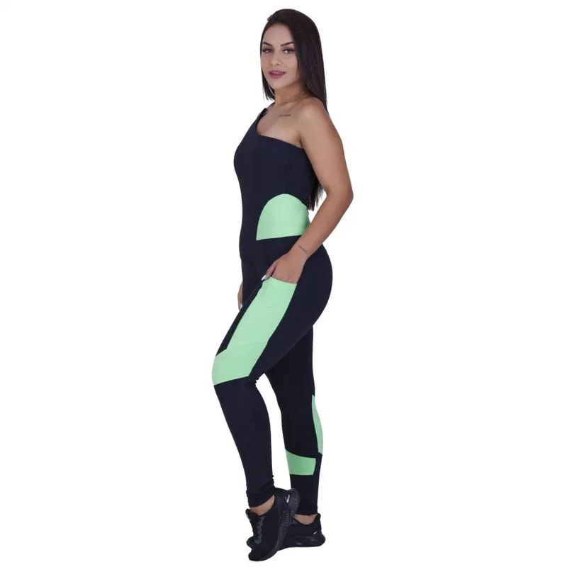 Macacão fitness feminino um ombro suplex recortes E bolso orbis - nina