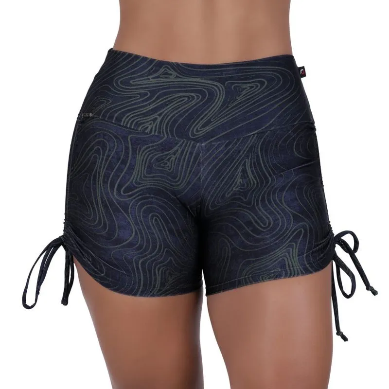Short curto fitness feminino cadarço franze lateral poliamida estampado orbis