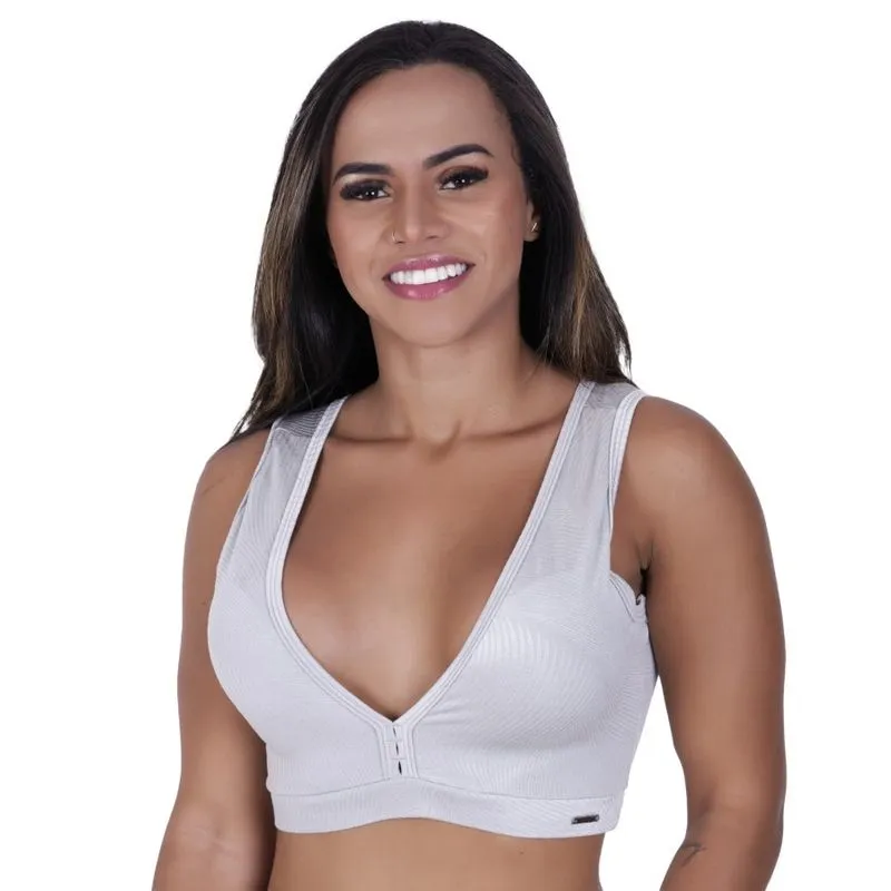 Top fitness feminino decote V bojo cirrê relevo poliamida manu-orbis