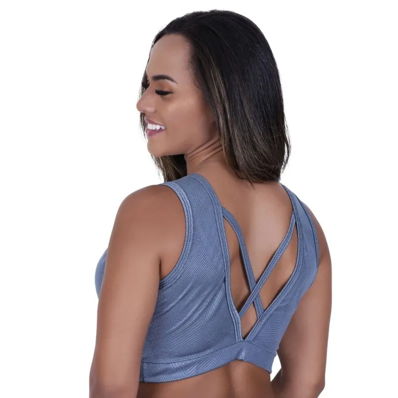 Top fitness feminino decote V bojo cirrê relevo poliamida manu-orbis