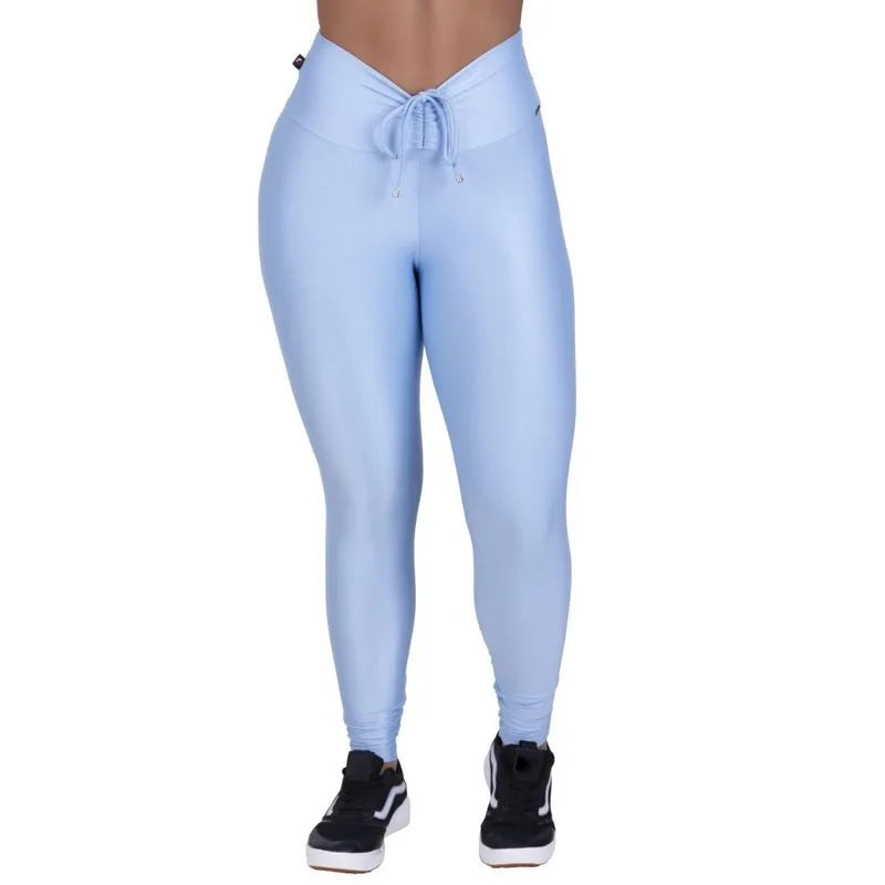 Calça fitness feminina detalhe cadarço cós poliamida brilho acetinado orbis-azulclaro