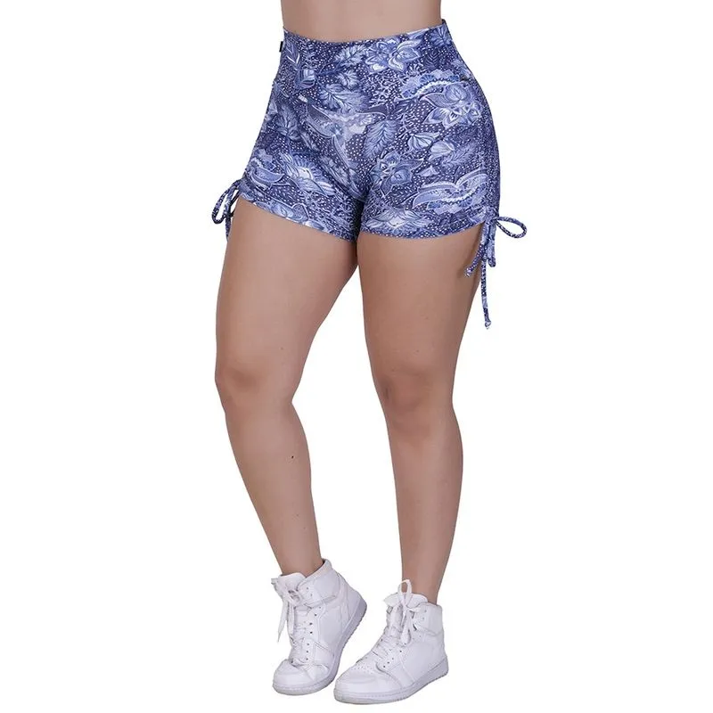 Short Curto Feminino Fitness Ajuste Cordinha na Lateral Estampado Poliamida Orbis