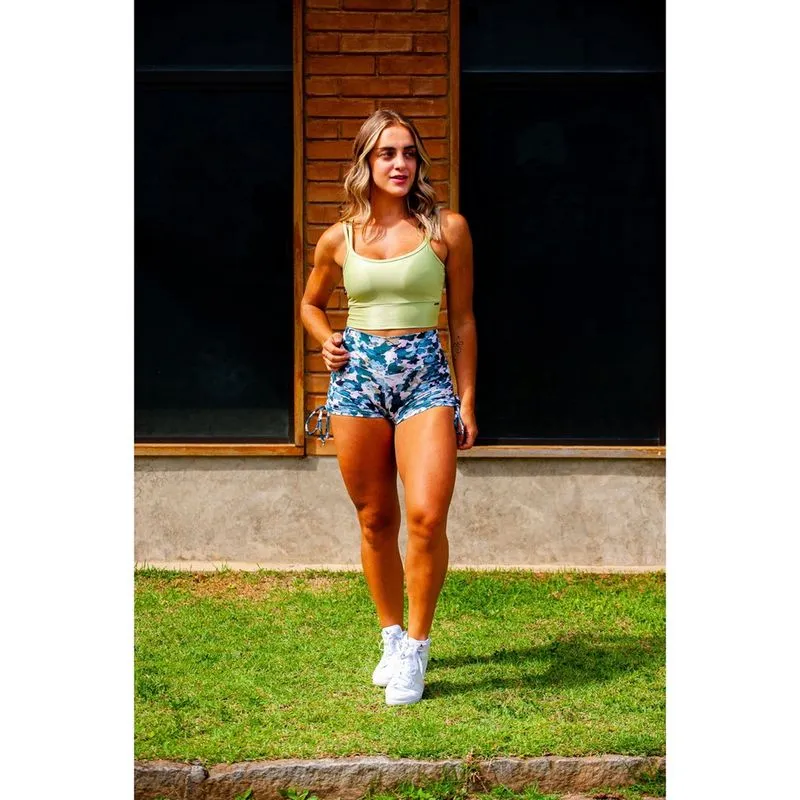 Short Curto Feminino Fitness Ajuste Cordinha na Lateral Estampado Poliamida Orbis