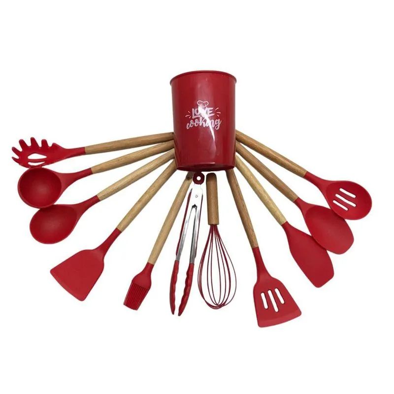 Jogo 12 Utensílios Silicone Colher Concha Pegador Vermelho