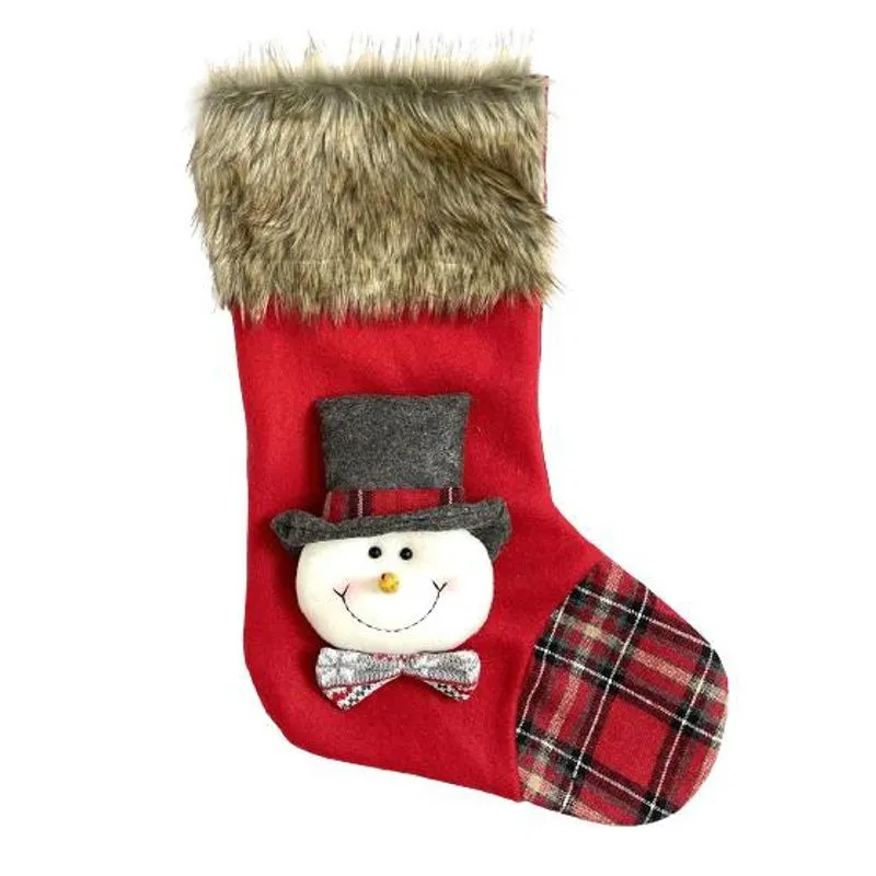 Meia Natalina Decorativa com Boneco de Neve de Pelo e Trico