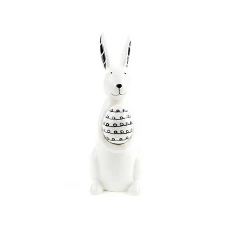Coelho De Páscoa Branco E Preto Decorativo De Cerâmica 21Cm