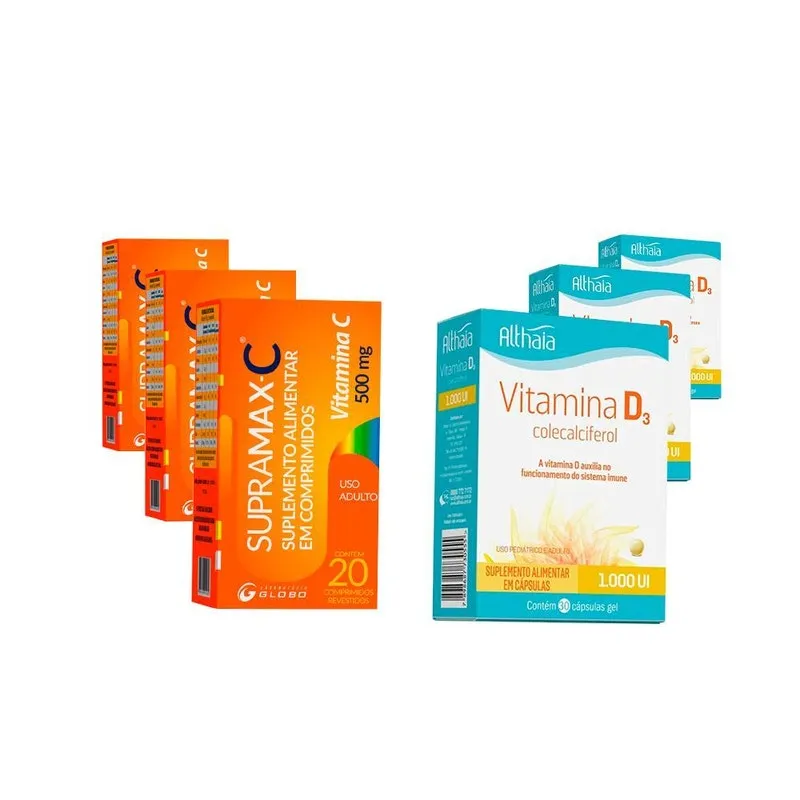 Kit 3 Vitamina C 500mg Supramax + 3 Vitamina D3 1000ui 30cap
