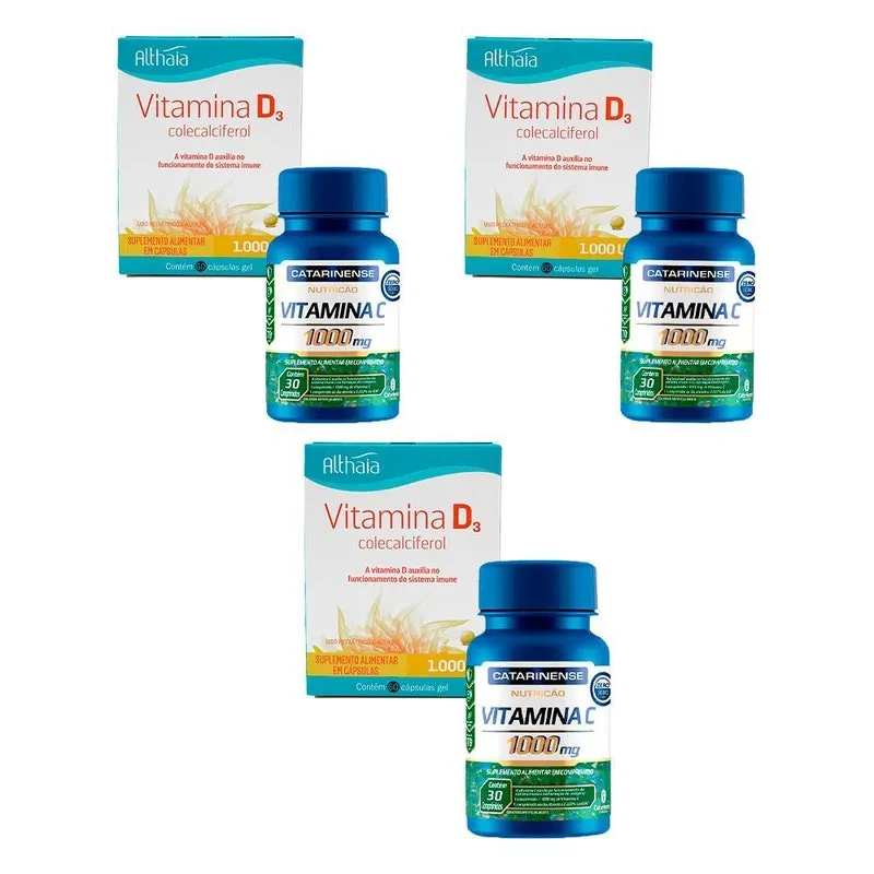 Kit 3 Vitamina C 1000mg 30 Cap + 3 Vitamina D3 Althaia 60cap