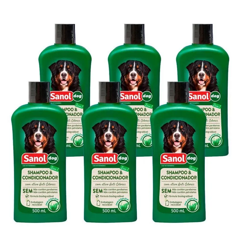 Kit 6 Shampoo 2 Em 1 Sanol Cães Antiodor Capim Limão 500ml