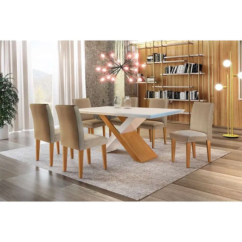 Conjunto de Mesa de Jantar Modern Imperatriz e 6 Cadeiras Grécia MDF Off White e Bege
