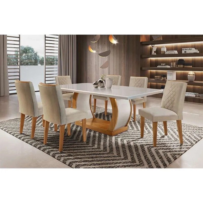 Conjunto de Mesa de Jantar 6 Lugares Modern Maia MDF Off White e Imbuia