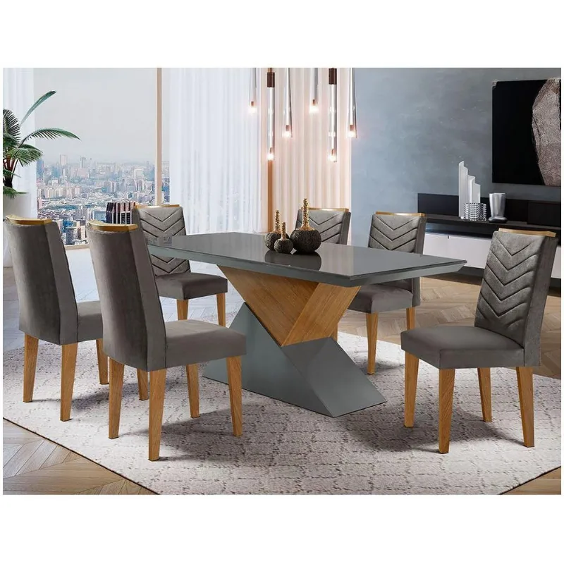 Mesa Tampo Mdf E Vidro 6 Cadeiras Liz Moderna Grafite/Imbuia
