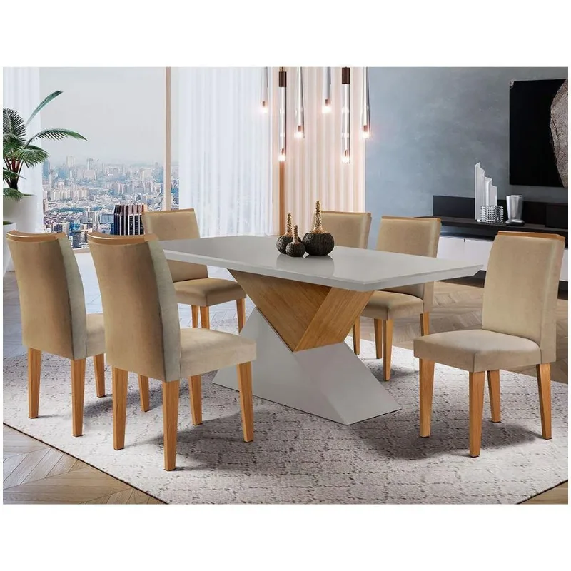 Mesa Tampo Mdf Canto Reto 6 Cadeiras Turim/Off White/Imbuia