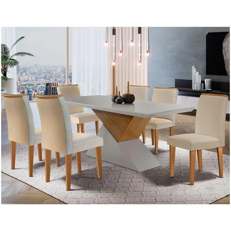 Mesa Tampo Mdf Canto Reto 6 Cadeiras Creme/Off White/Imbuia