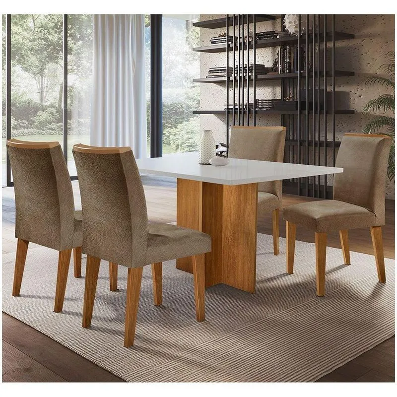 Mesa Olivia Em Mdf Com 4 Cadeiras Lunara Marrom, Off White E Imbuia