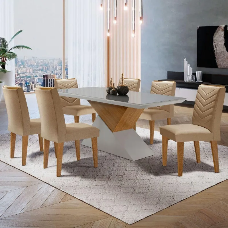 Mesa Aster 180 Tampo Em Mdf E Vidro + 6 Cadeiras Liz Moderna Turim 07/off White/imbuia