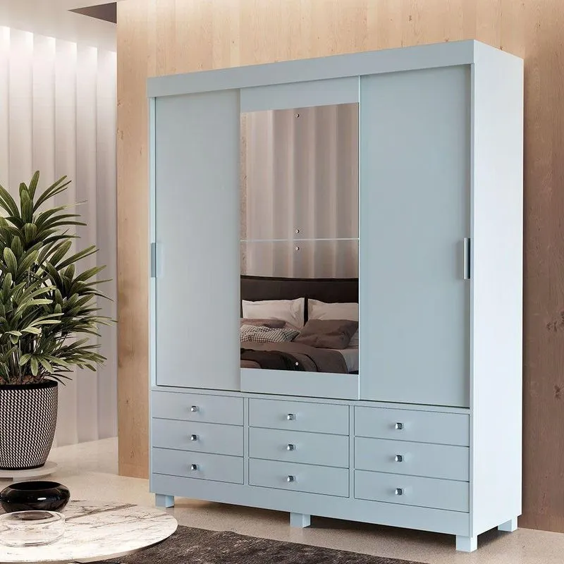 Guarda Roupa Colorado 3 Portas De Correr Com Pés E Com Espelho Moderna Branco
