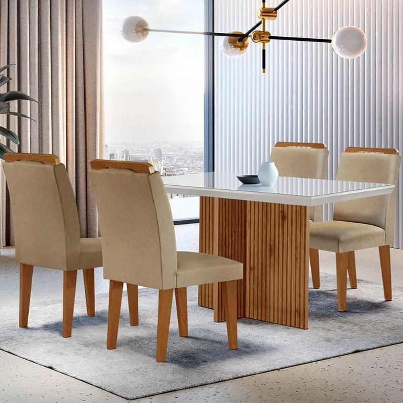 Mesa Olimpia 120 cm Mdf Vidro Canto Reto Com 4 Cadeiras.