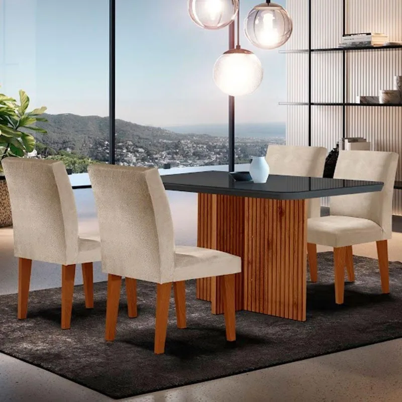 Mesa Olimpia 120 Mdf - Vidro Canto Copo 4 Cadeiras Grecia.