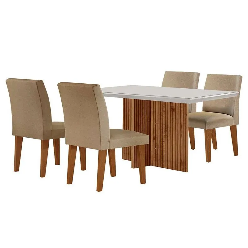 Conjunto de Mesa de Jantar Modern Berlim com 4 Cadeiras Bélgica MDF Vidro e Linho Bege