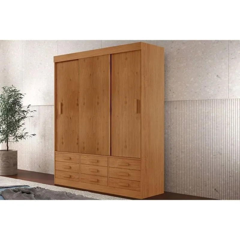 Guarda Roupa Solteiro 3 Portas De Correr E 9 Gavetas Detroit Naturale-naturale Ripado 3d