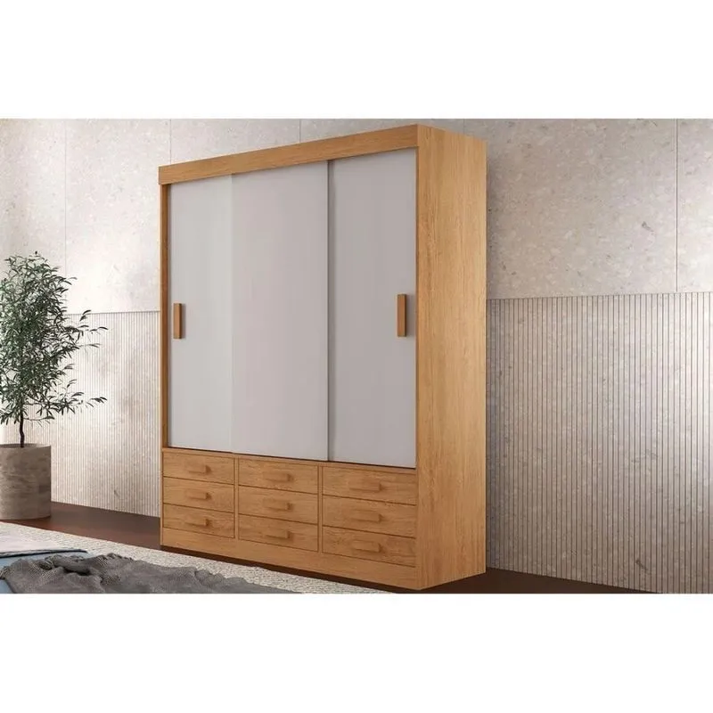 Guarda Roupa Solteiro 3 Portas De Correr E 9 Gavetas Detroit Naturale-off White Rufato