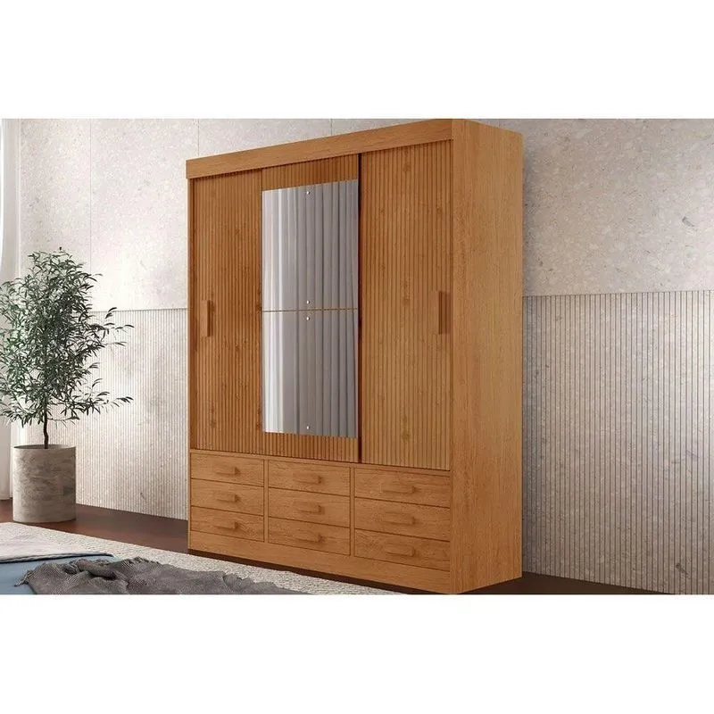 Guarda Roupa Solteiro 3 Portas De Correr E 9 Gavetas Detroit c- Espelho Naturale-naturale