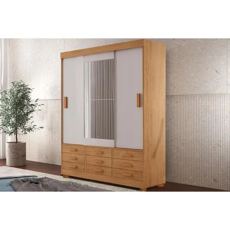 Guarda Roupa Solteiro 3 Portas De Correr E 9 Gavetas Detroit c- Espelho Naturale-off White Rufato