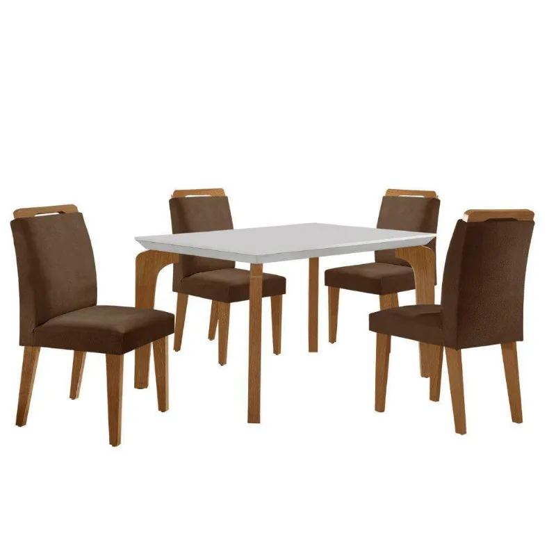 Conjunto Mesa Liz 120cm Com 4 Cadeiras Athenas Moderna Veludo Marrom Off White Imbuia