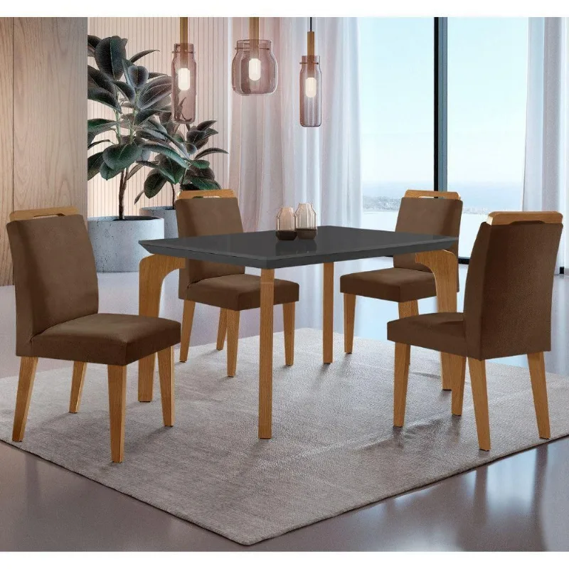 Conjunto Mesa Liz 120cm Mdf Com 4 Cadeiras Athenas Moderna Veludo Marrom/grafite/imbuia
