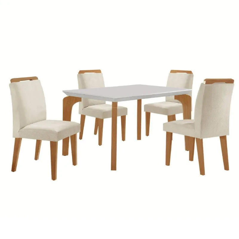 Conjunto Mesa Liz 120cm Com 4 Cadeiras Athenas Moderna Veludo Creme Off White Imbuia