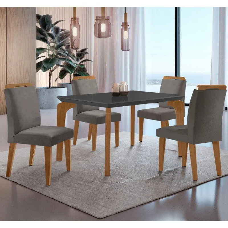 Conjunto Mesa Liz 120cm Mdf Com 4 Cadeiras Athenas Moderna Veludo Grafite E Imbuia