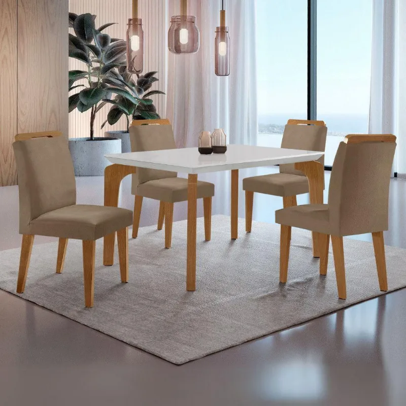 Conjunto Mesa Liz 120cm Com 4 Cadeiras Athenas Moderna Veludo Capuccino Off White Imbuia