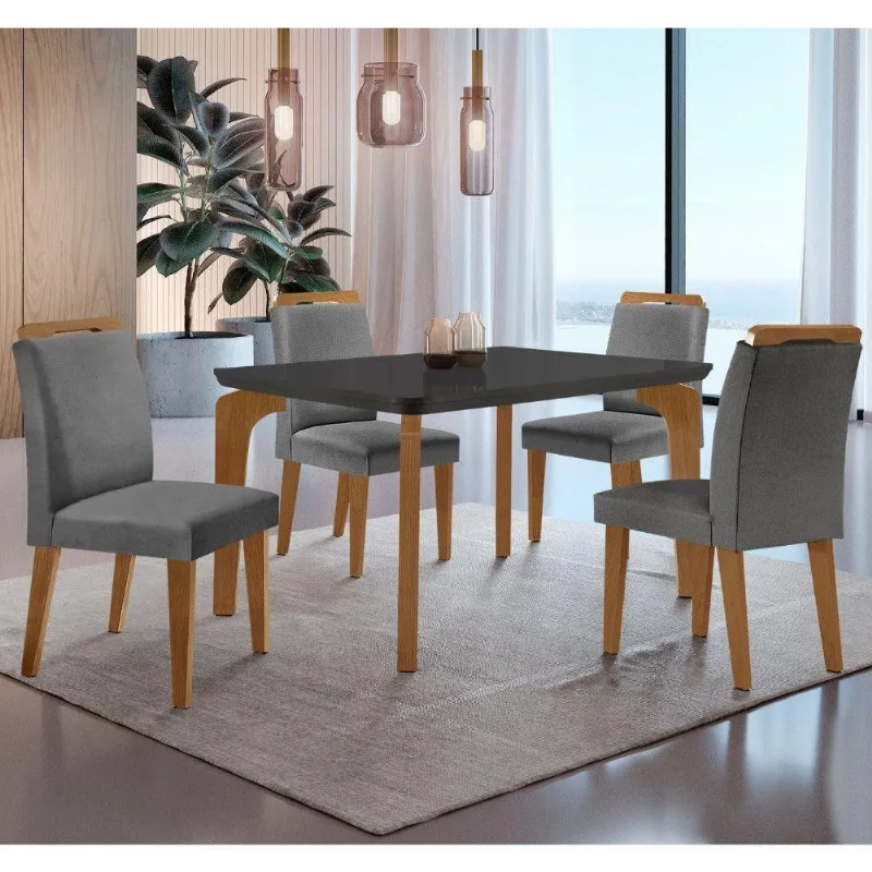 Conjunto Mesa Liz 120cm Mdf 4 Cadeiras Athenas Moderna Linho Grafite E Imbuia
