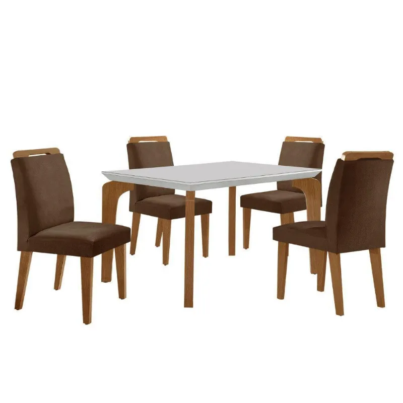 Conjunto Mesa Liz 120cm Com Vidro 4 Cadeiras Athenas Moderna Veludo Marrom Off White Imbuia