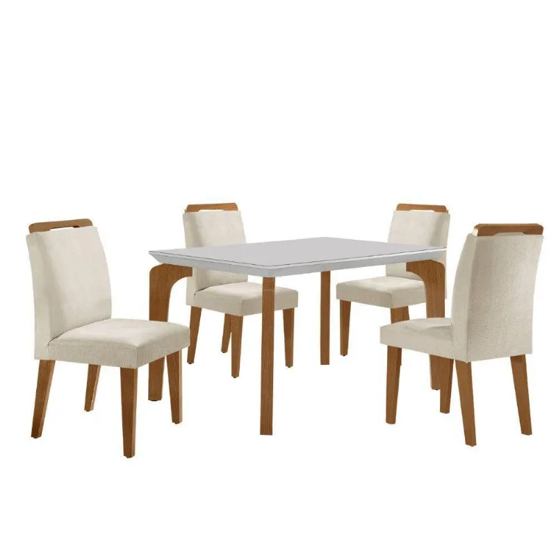Conjunto Mesa Liz 120cm Com Vidro 4 Cadeiras Athenas Moderna Veludo Creme Off White Imbuia